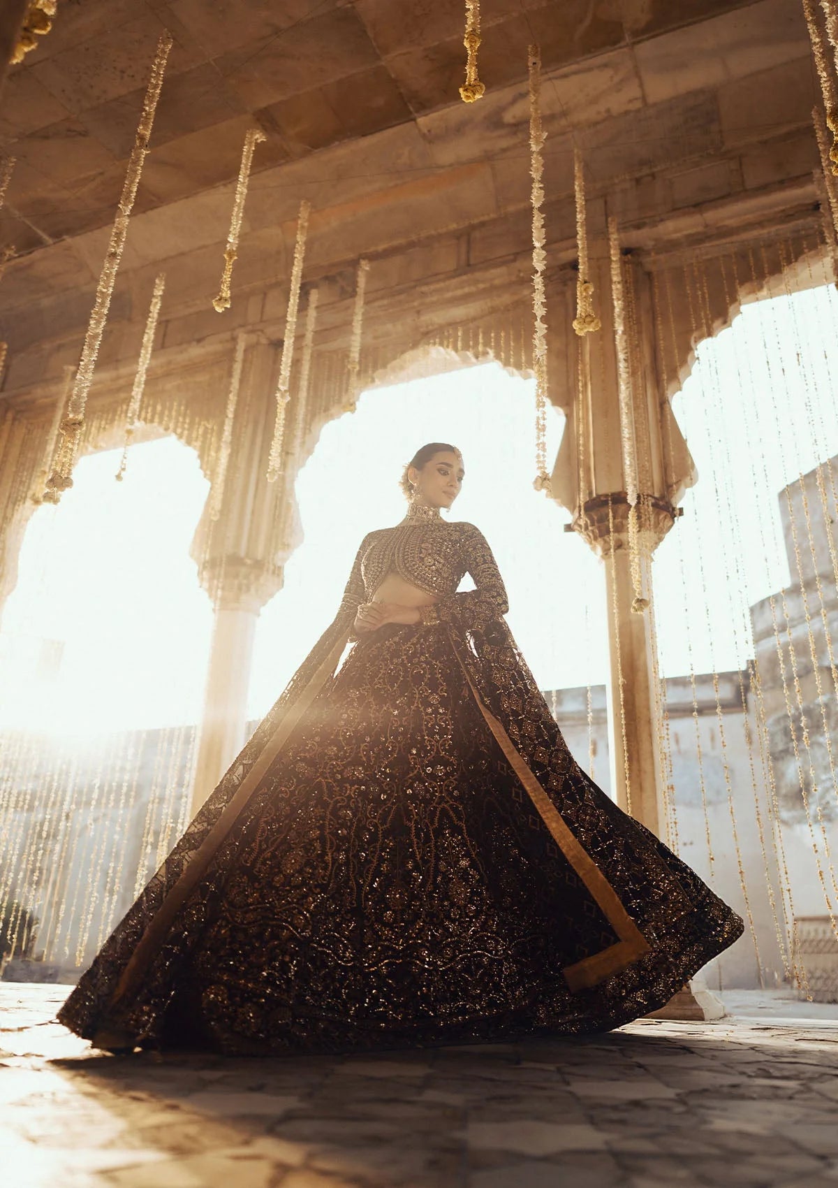 Dastoor | Black Embroidered Velvet Lehenga Choli