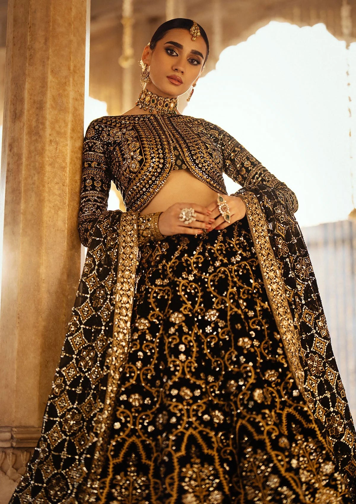 Dastoor | Black Embroidered Velvet Lehenga Choli