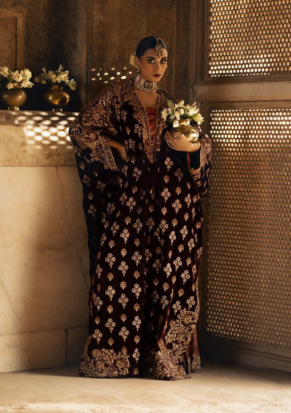 Dastoor | Maroon Embroidered Velvet Kaftan