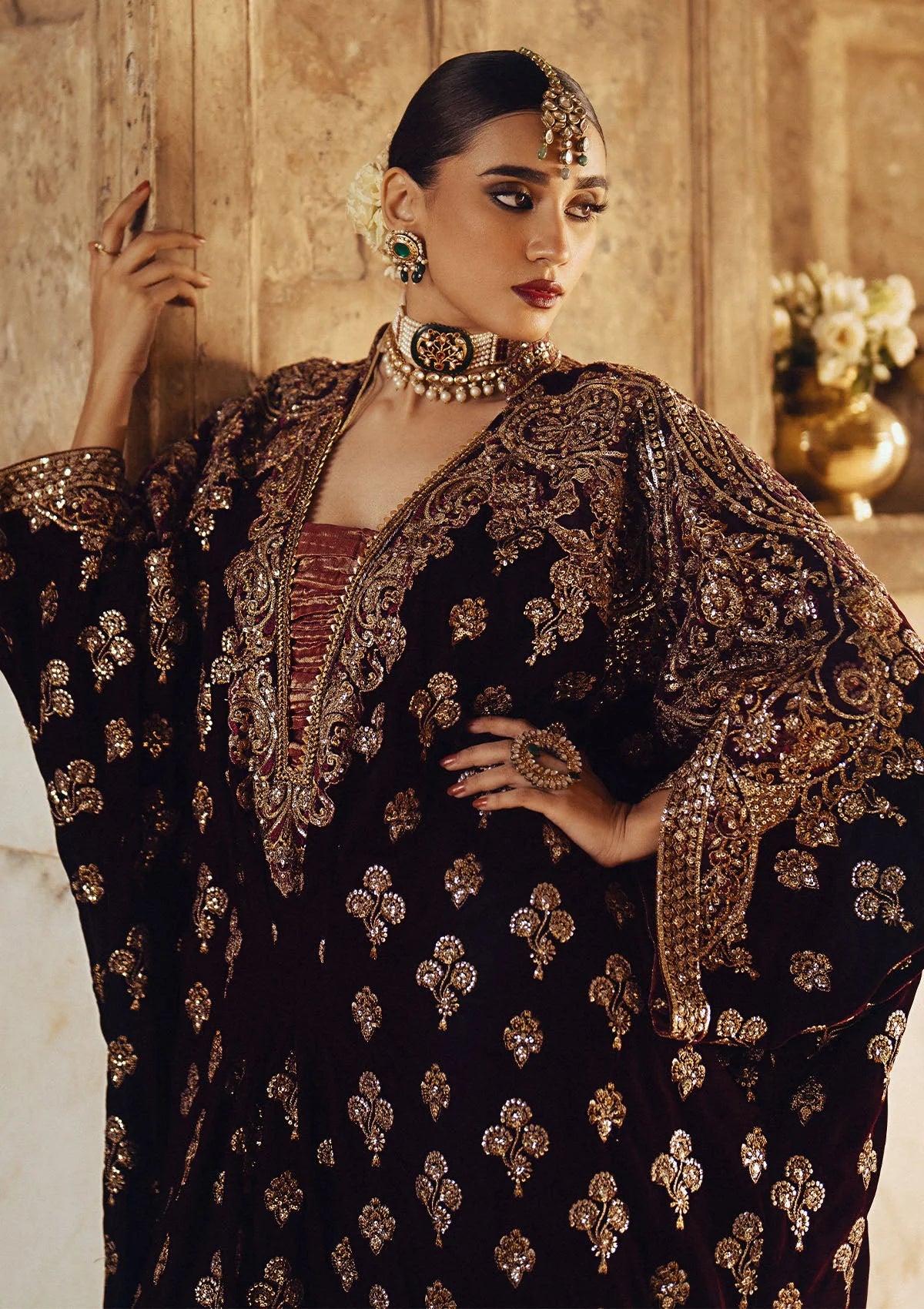 Dastoor | Maroon Embroidered Velvet Kaftan