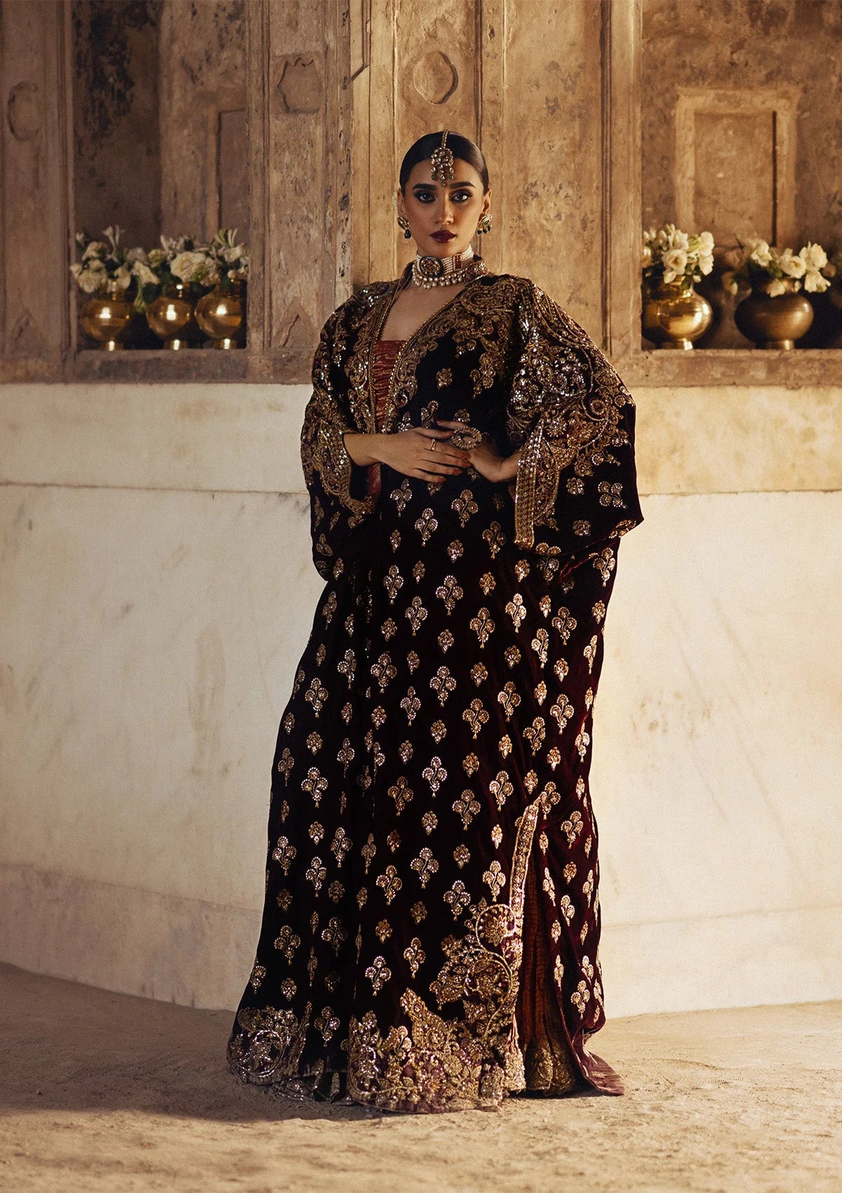 Dastoor | Maroon Embroidered Velvet Kaftan