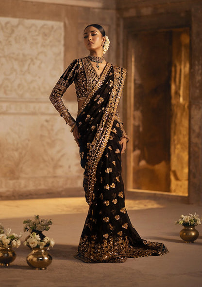 Dastoor | Black Embroidered Velvet Chiffon Saree