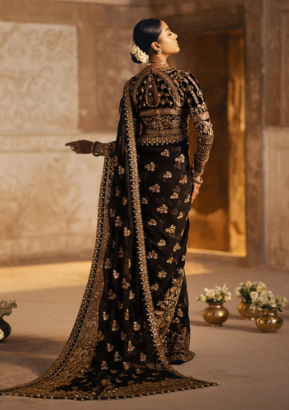 Dastoor | Black Embroidered Velvet Chiffon Saree