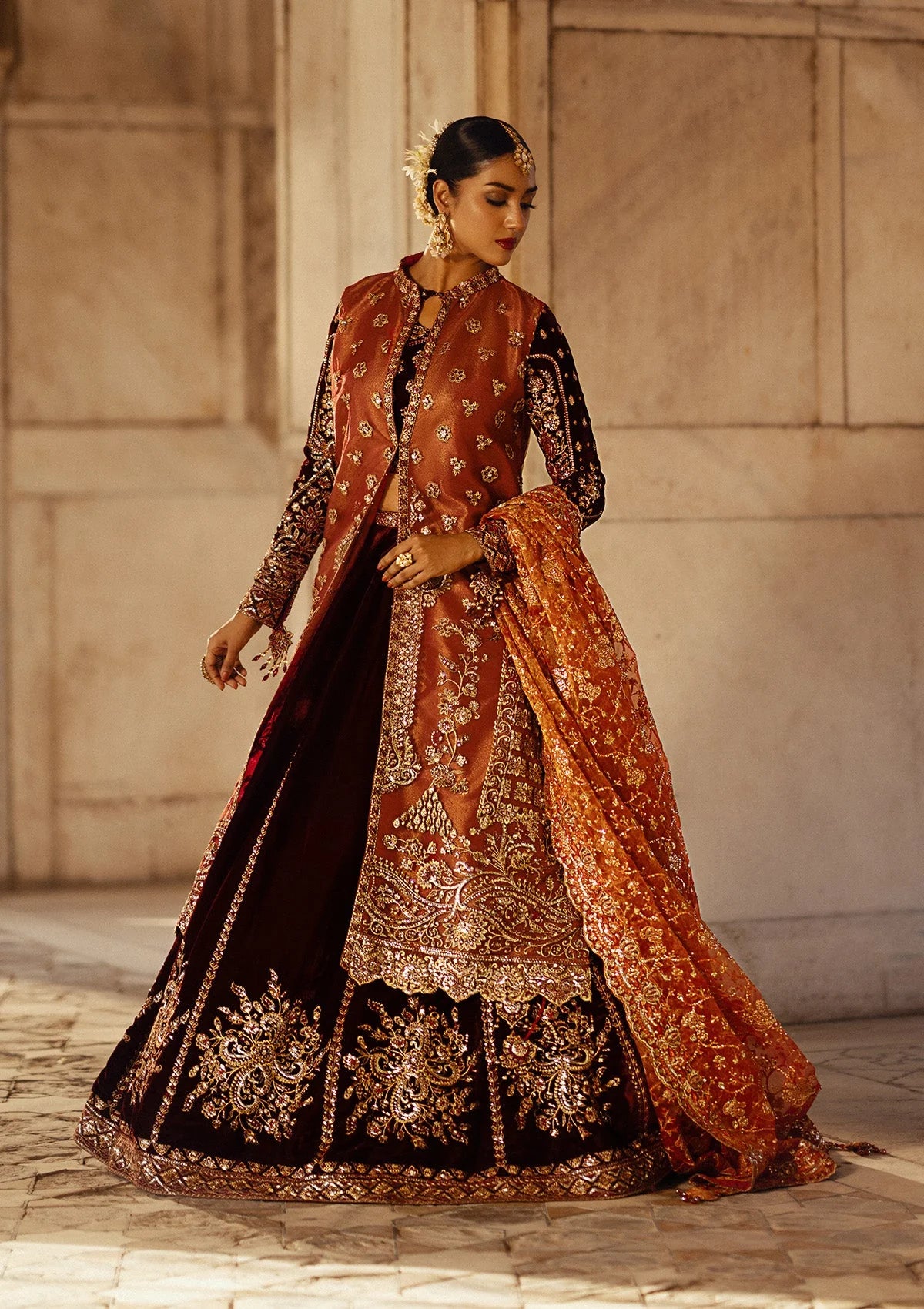 Dastoor | Maroon Embroidered Velvet Lehenga Choli