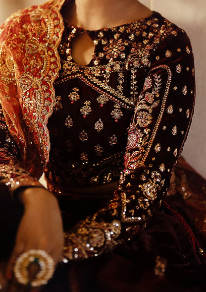 Dastoor | Maroon Embroidered Velvet Lehenga Choli