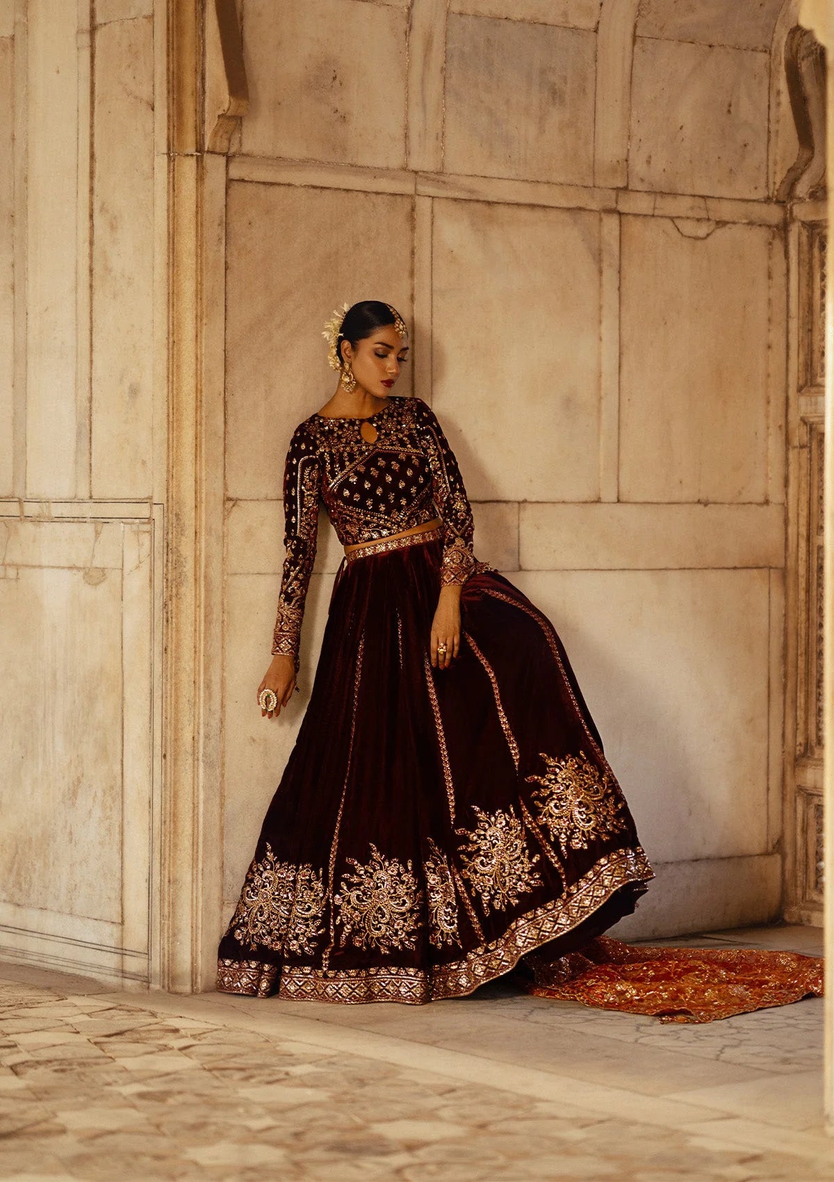 Dastoor | Maroon Embroidered Velvet Lehenga Choli