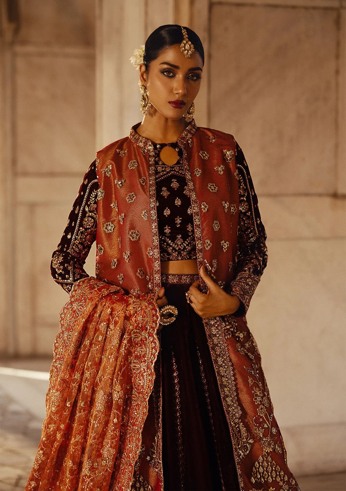 Dastoor | Maroon Embroidered Velvet Lehenga Choli