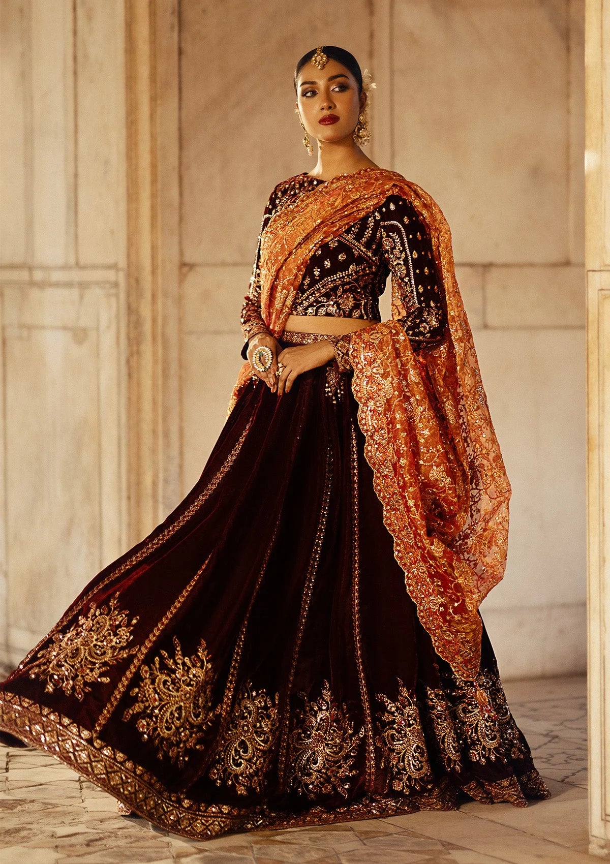 Dastoor | Maroon Embroidered Velvet Lehenga Choli