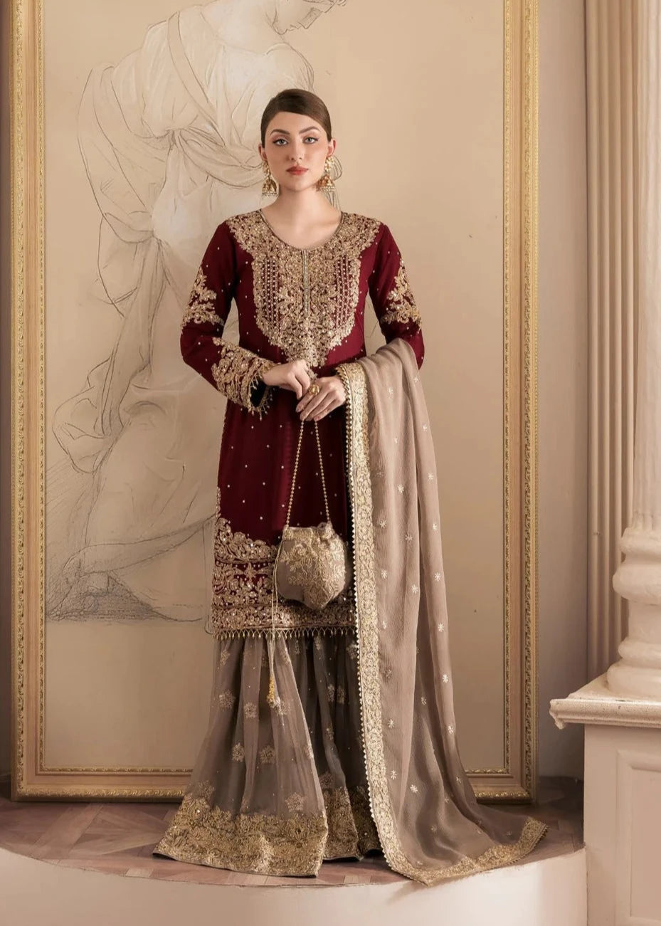 Simmi | Maroon Chiffon Embroidered Gharara