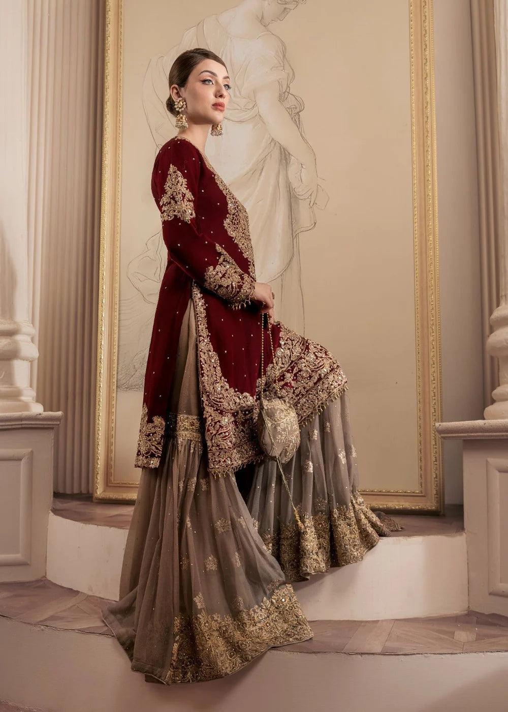 Simmi | Maroon Chiffon Embroidered Gharara