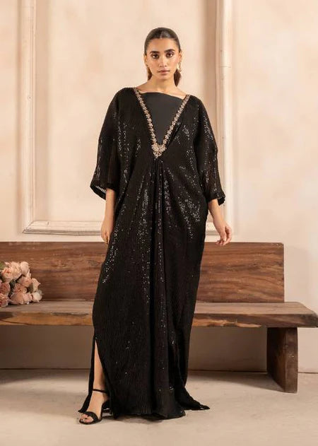 Surmayi | Black Chiffon Embroidered Kaftan