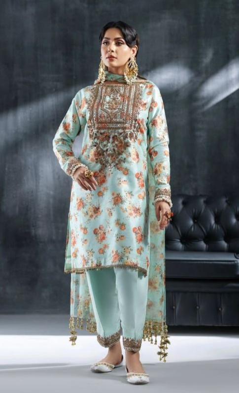 Cyan | Embellished Silk Suit