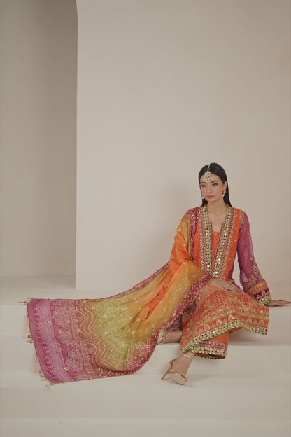 Baroque | Orange Digital Chiffon Embroidered Suit